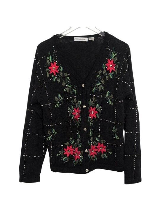Victoria Jones Woman Sweaters - Victoria Jones Beaded Poinsettia Cardigan Womens Size Medium Black Christmas